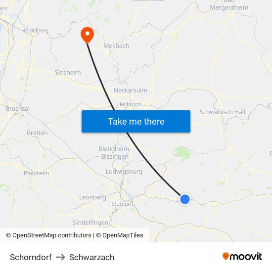 Schorndorf to Schwarzach map