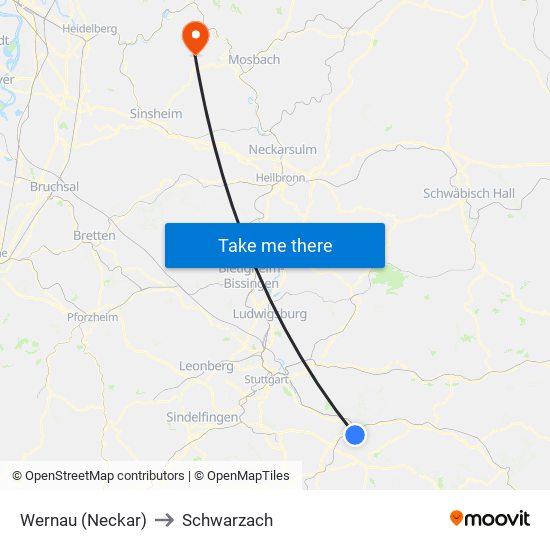 Wernau (Neckar) to Schwarzach map