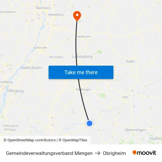 Gemeindeverwaltungsverband Mengen to Obrigheim map