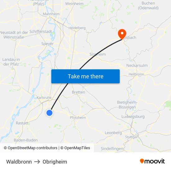 Waldbronn to Obrigheim map