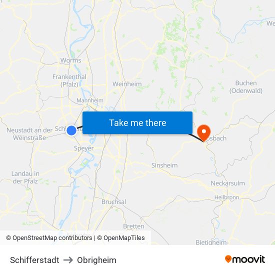 Schifferstadt to Obrigheim map
