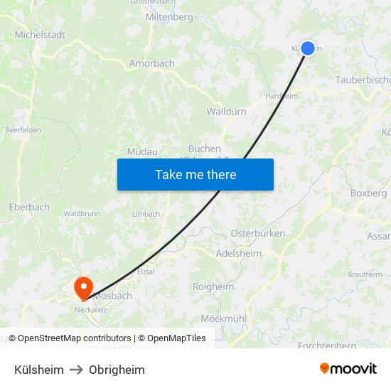 Külsheim to Obrigheim map