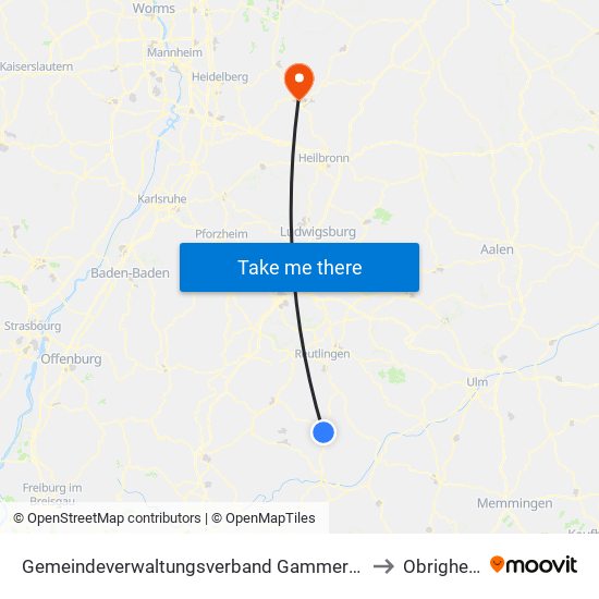 Gemeindeverwaltungsverband Gammertingen to Obrigheim map