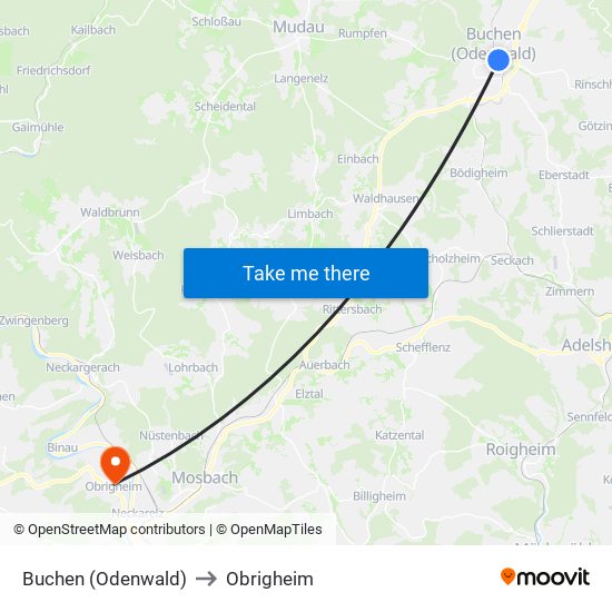 Buchen (Odenwald) to Obrigheim map