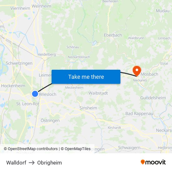 Walldorf to Obrigheim map