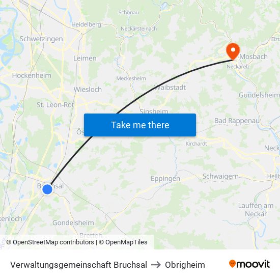 Verwaltungsgemeinschaft Bruchsal to Obrigheim map