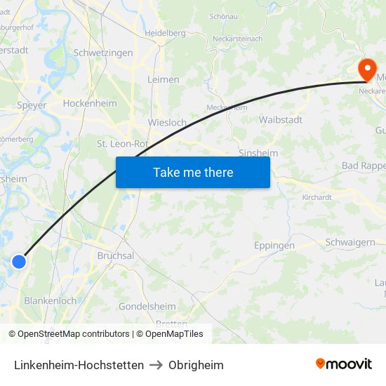 Linkenheim-Hochstetten to Obrigheim map