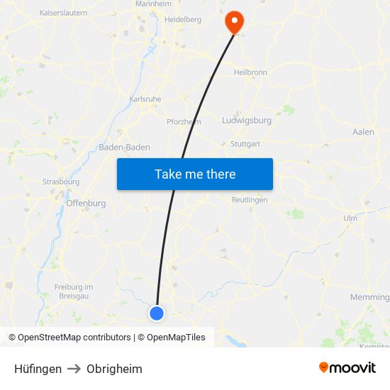 Hüfingen to Obrigheim map