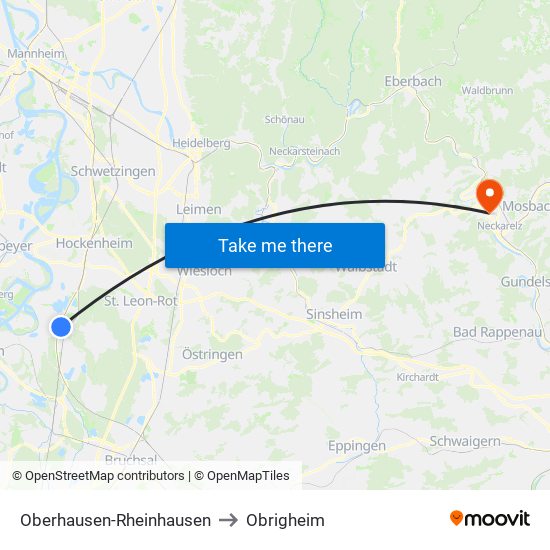 Oberhausen-Rheinhausen to Obrigheim map