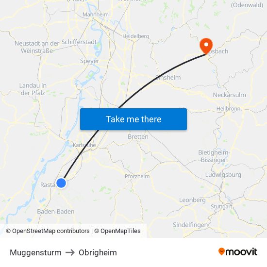 Muggensturm to Obrigheim map