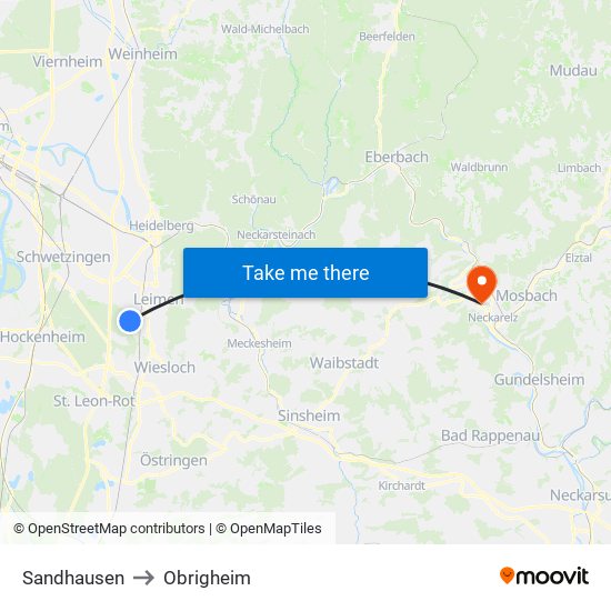 Sandhausen to Obrigheim map