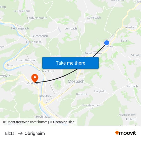 Elztal to Obrigheim map