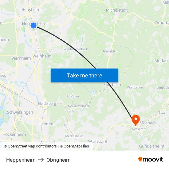 Heppenheim to Obrigheim map