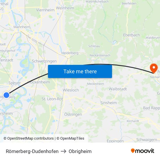 Römerberg-Dudenhofen to Obrigheim map