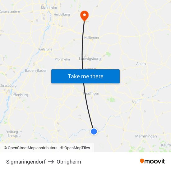 Sigmaringendorf to Obrigheim map
