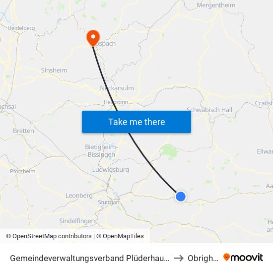 Gemeindeverwaltungsverband Plüderhausen-Urbach to Obrigheim map