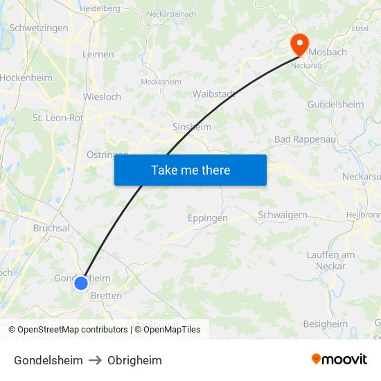 Gondelsheim to Obrigheim map