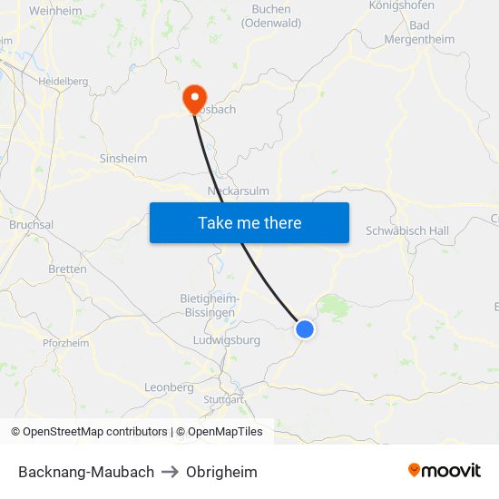Backnang-Maubach to Obrigheim map