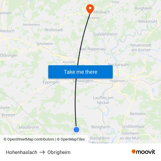 Hohenhaslach to Obrigheim map