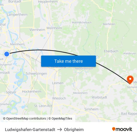 Ludwigshafen-Gartenstadt to Obrigheim map