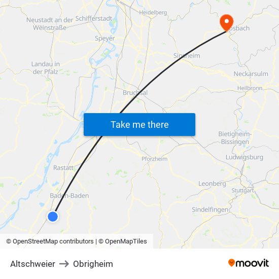 Altschweier to Obrigheim map