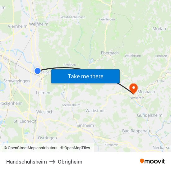 Handschuhsheim to Obrigheim map