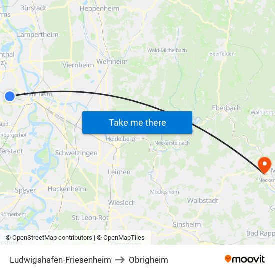 Ludwigshafen-Friesenheim to Obrigheim map