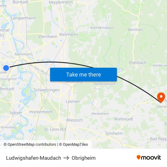 Ludwigshafen-Maudach to Obrigheim map