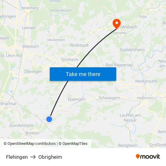 Flehingen to Obrigheim map