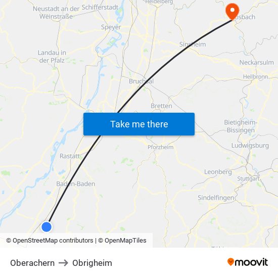 Oberachern to Obrigheim map