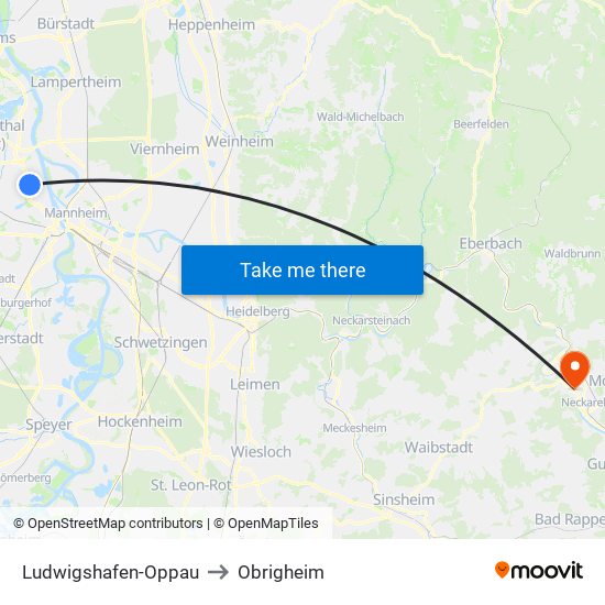 Ludwigshafen-Oppau to Obrigheim map