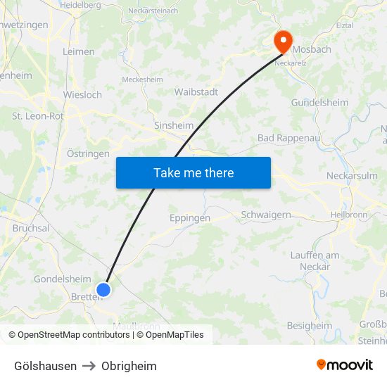 Gölshausen to Obrigheim map