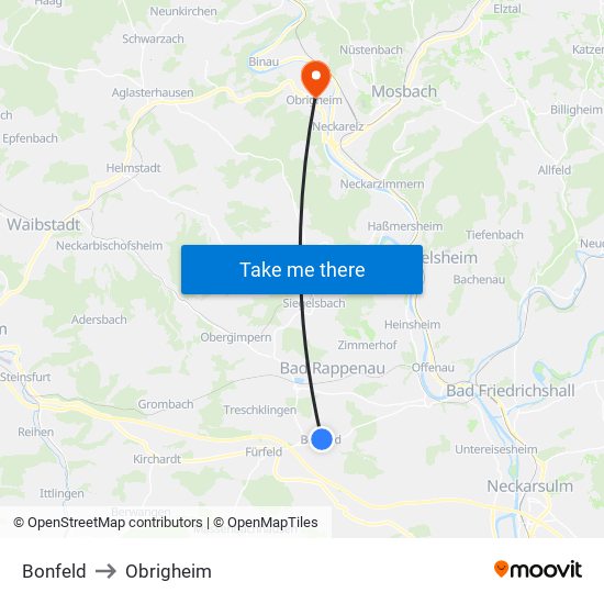 Bonfeld to Obrigheim map