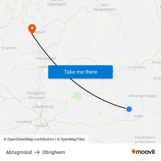 Abtsgmünd to Obrigheim map