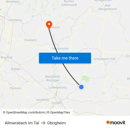 Allmersbach Im Tal to Obrigheim map