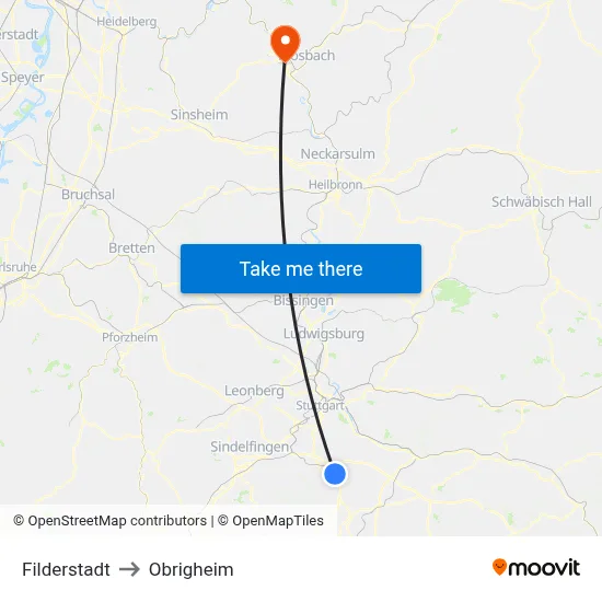 Filderstadt to Obrigheim map