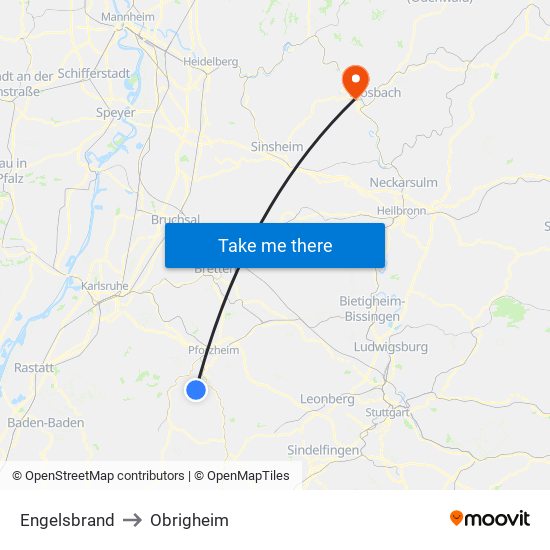 Engelsbrand to Obrigheim map
