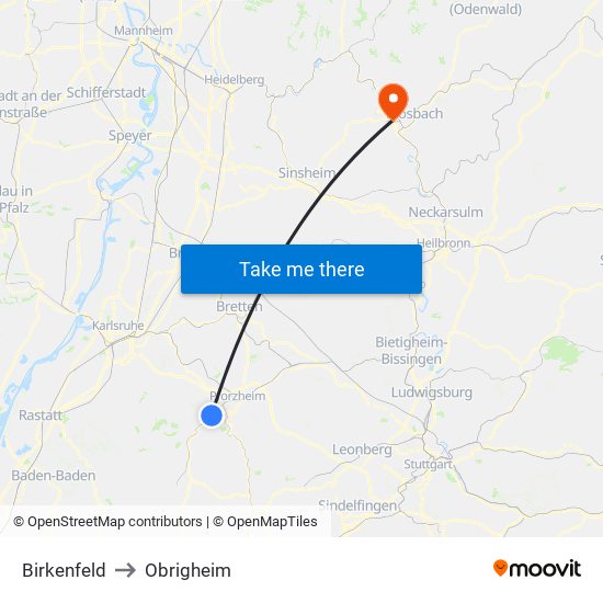 Birkenfeld to Obrigheim map