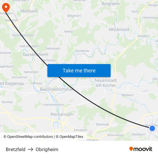 Bretzfeld to Obrigheim map
