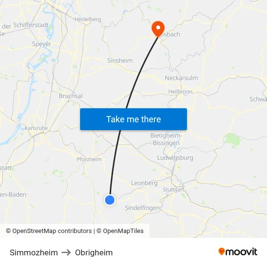 Simmozheim to Obrigheim map