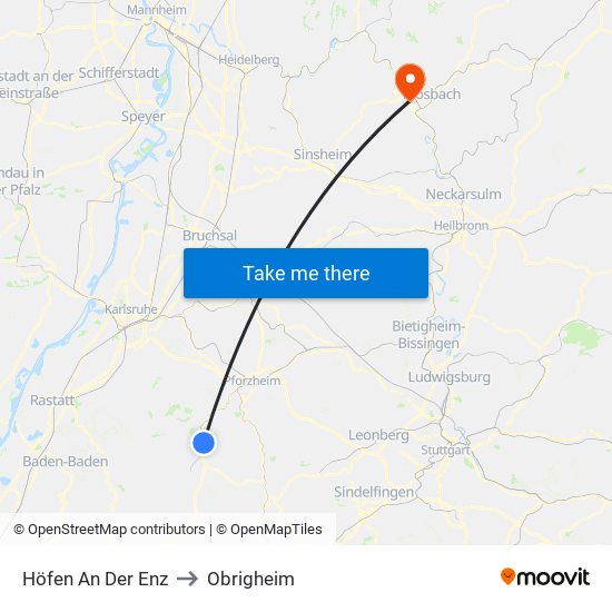 Höfen An Der Enz to Obrigheim map