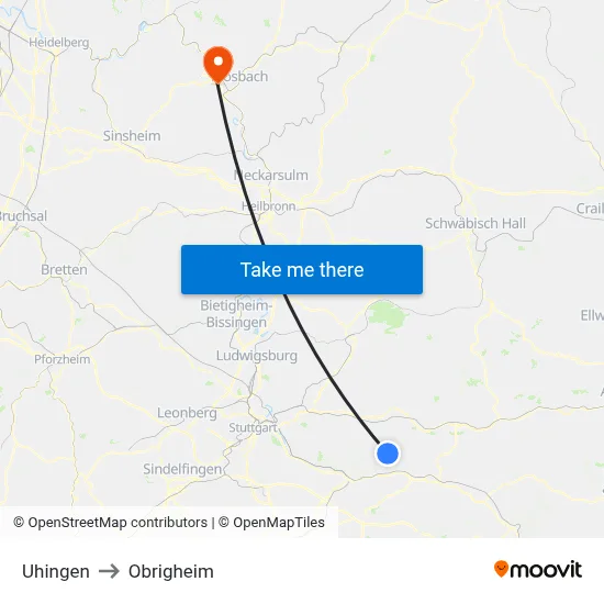 Uhingen to Obrigheim map