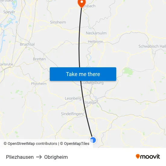 Pliezhausen to Obrigheim map