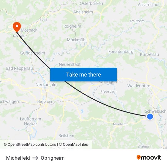 Michelfeld to Obrigheim map