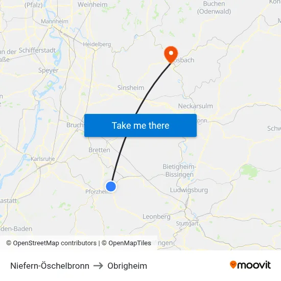 Niefern-Öschelbronn to Obrigheim map