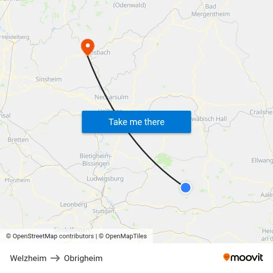 Welzheim to Obrigheim map