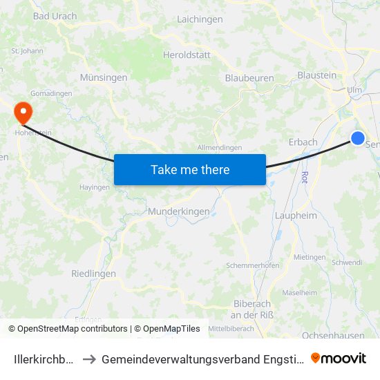 Illerkirchberg to Gemeindeverwaltungsverband Engstingen map