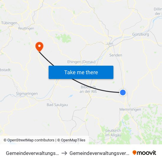 Gemeindeverwaltungsverband Illertal to Gemeindeverwaltungsverband Engstingen map