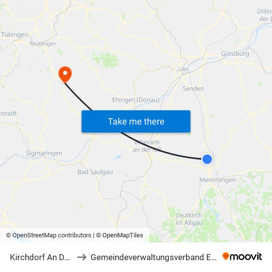 Kirchdorf An Der Iller to Gemeindeverwaltungsverband Engstingen map