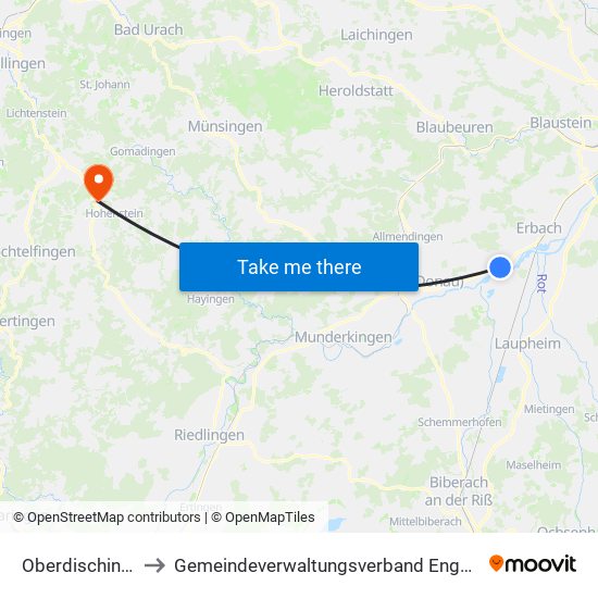 Oberdischingen to Gemeindeverwaltungsverband Engstingen map